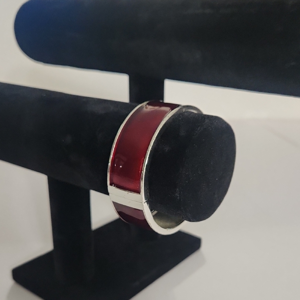 Silver & Deep Red Merlot Enamel Hinge Bangle Bracelet – Modern Statement Cuff - Picture 2 of 8